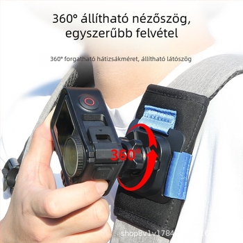 Sportkamera hátizsáknak szánt klipek váll előre rögzítő kerettel — műanyag + SBR búváranyag, testreszabható logó, tartalmaz 360 adaptert és hosszú csavarokat