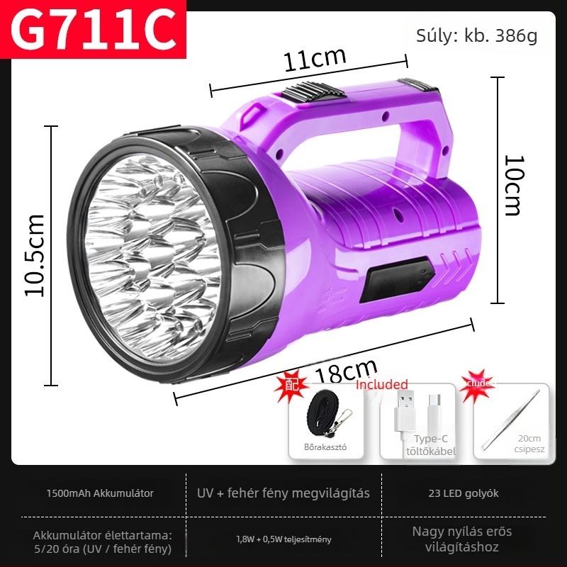 LED zseblámpa, tölthető, ABS ház, 1500 mAh akkumulátor, hatótáv 200 m-ig