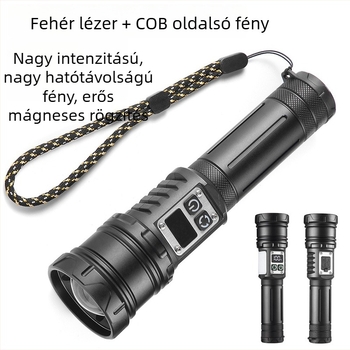 Többfunkciós LED zseblámpa zoom-mal, fehér lézer + COB, Type-C tölthető