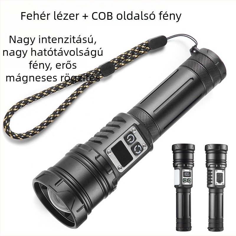 Többfunkciós LED zseblámpa zoom-mal, fehér lézer + COB, Type-C tölthető