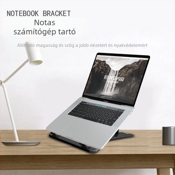 Notebook állvány, összecsukható és hordozható, asztali típus, műanyagból, tömege kb. 318 g, általános modellekhez