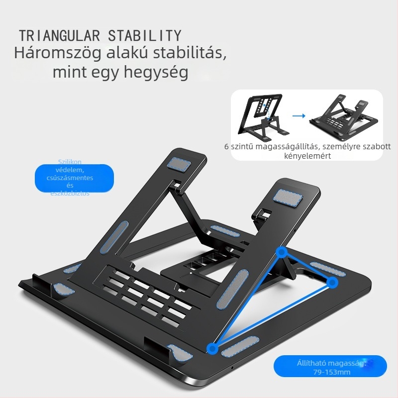 Notebook állvány, összecsukható és hordozható, asztali típus, műanyagból, tömege kb. 318 g, általános modellekhez