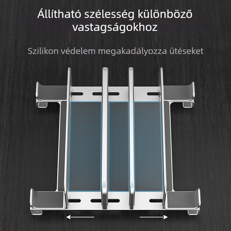 Asztali, függőleges notebook tartó szénacélból, öt kártyahellyel és hőelvezetéssel