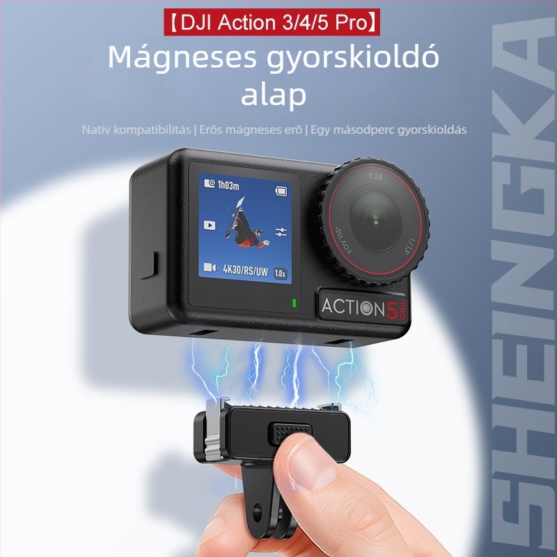 Sheingka Mágneses gyorsoldó alap DJI Action3/4/5 Pro – műanyag + fém alkatrészek; Tartalmaz mágneses állványt