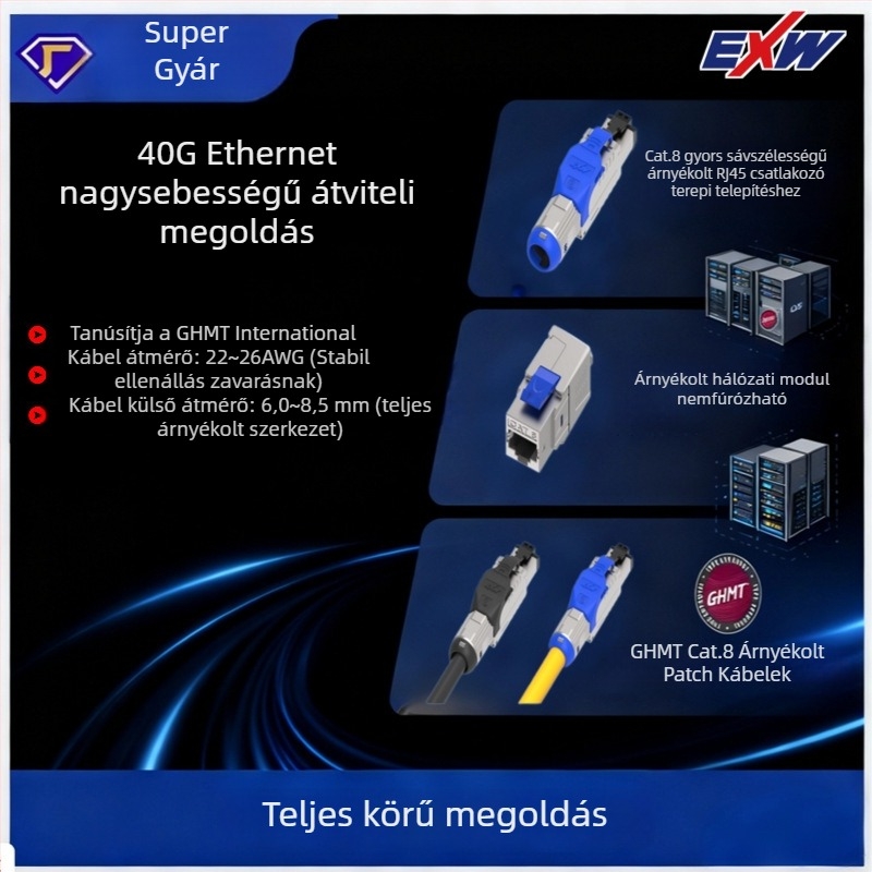 Nbexw Cat8 patch-kábel, átviteli sebesség 500, működési hőmérséklet -25°C, tárolási hőmérséklet 125°C, húzószilárdság 10, nyomószilárdság 20, testreszabható hossz