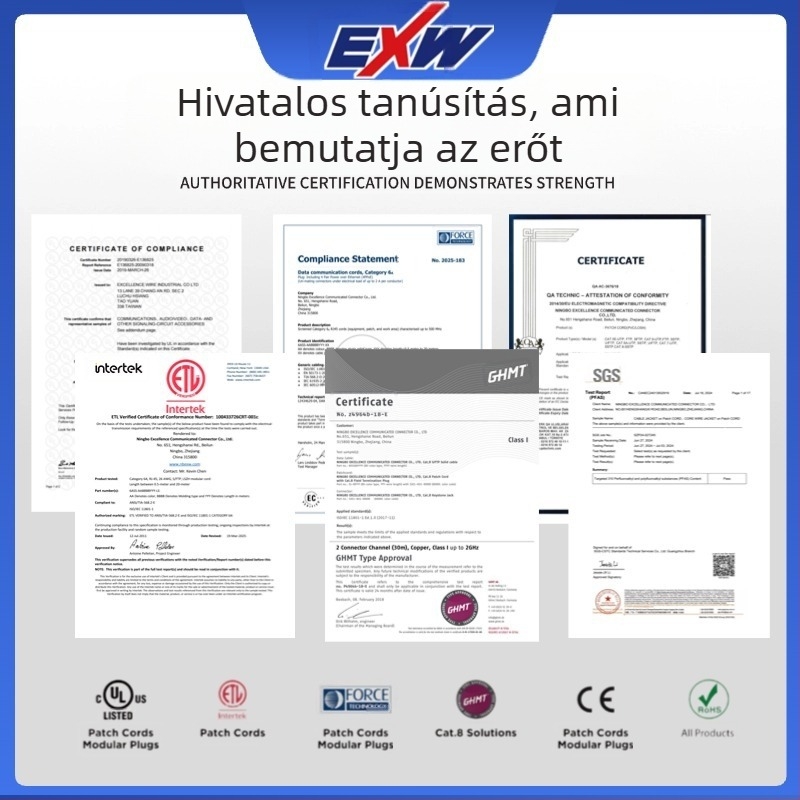 Nbexw Cat8 patch-kábel, átviteli sebesség 500, működési hőmérséklet -25°C, tárolási hőmérséklet 125°C, húzószilárdság 10, nyomószilárdság 20, testreszabható hossz