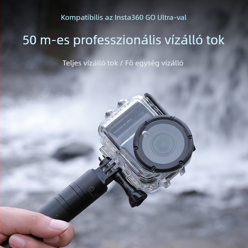 Insta360 Go Ultra védőtok — 50 m-ig vízálló merüléshez, anyagok: PC 2805, 304 rozsdamentes acél, ABS és optikai edzett üveg