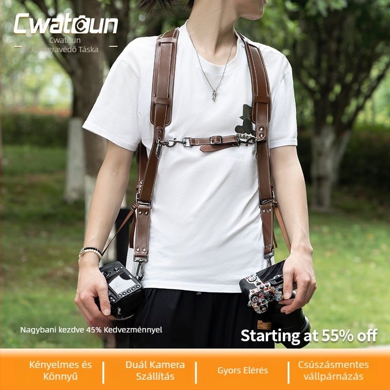 Kétkamerás bőrvállpánt fényképezőgéphez, állítható hosszúságú, modell H90, kompatibilis több fényképezőgép-modellel