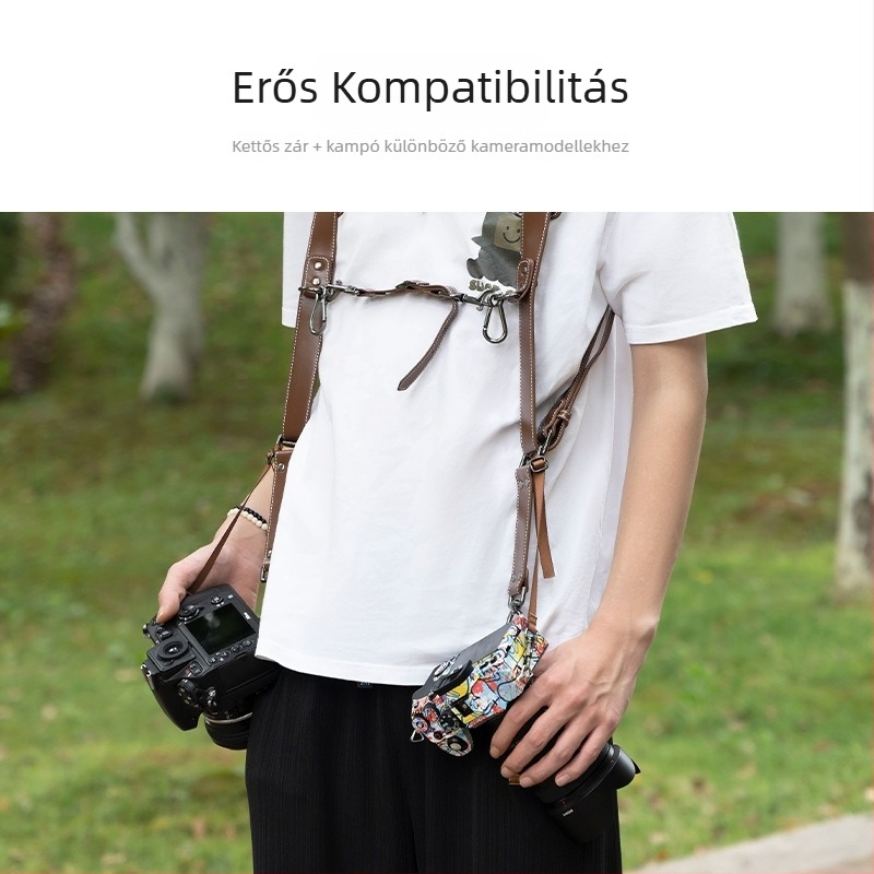 Kétkamerás bőrvállpánt fényképezőgéphez, állítható hosszúságú, modell H90, kompatibilis több fényképezőgép-modellel