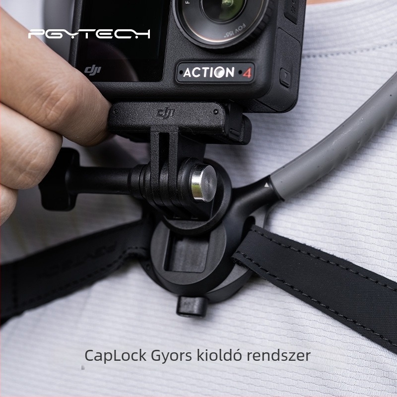 CapLock nyakrögzítő akciókamerához – első személy nézet, univerzális, modell P-GM-389, anyagok: szilikon, rozsdamentes acél, alumínium, PC-PBT