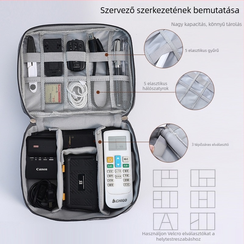 Kábelszervező táska - kézitáska stílusú Oxford anyag, sokoldalú utazási tok kábelek, töltők, külső HDD és fülhallgatók számára