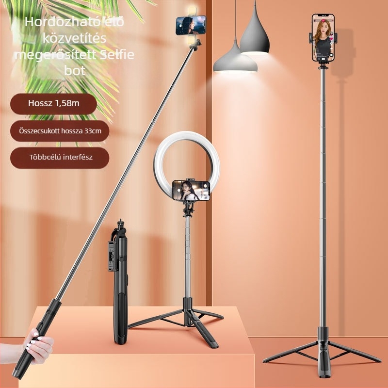 Kindallon Q05 Bluetooth selfie stick kinyitható LED világítással és padlón álló háromlábú állvánnyal élő közvetítéshez