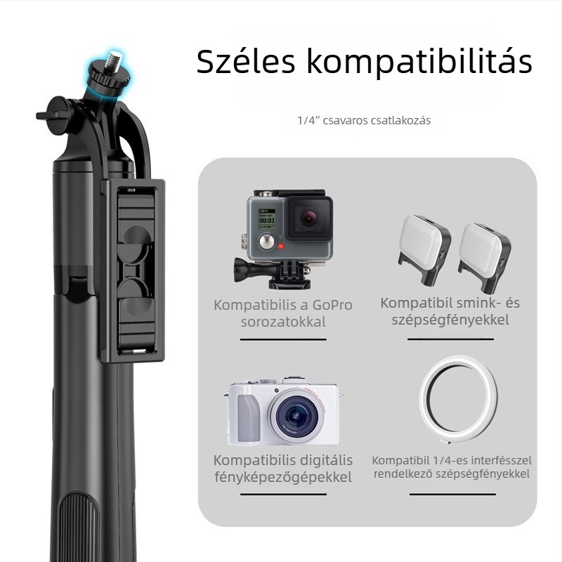 Kindallon Q05 Bluetooth selfie stick kinyitható LED világítással és padlón álló háromlábú állvánnyal élő közvetítéshez