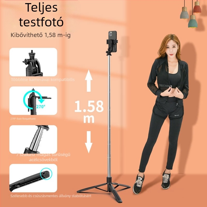 Kindallon Q05 Bluetooth selfie stick kinyitható LED világítással és padlón álló háromlábú állvánnyal élő közvetítéshez