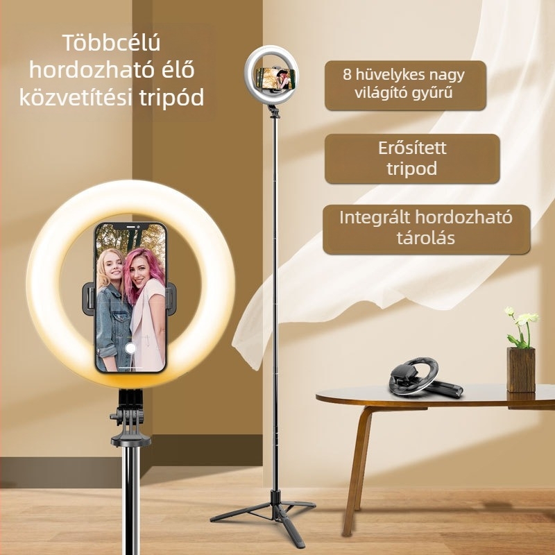 Kindallon Q05 Bluetooth selfie stick kinyitható LED világítással és padlón álló háromlábú állvánnyal élő közvetítéshez