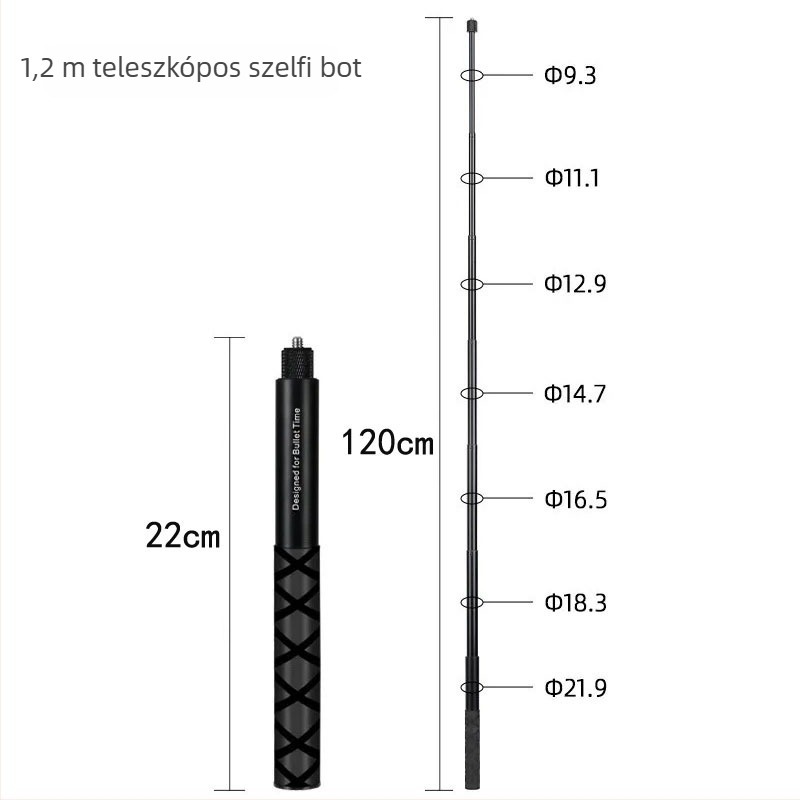 HB-120Z 7-szakaszos alumínium ötvözetű kiegészítő kar akciókamerákhoz és panorámaképekhez; kompatibil Insta360X4, GoPro, DJI Action 5; teherbírás max. 2 kg; logó nyomtatási lehetőség.