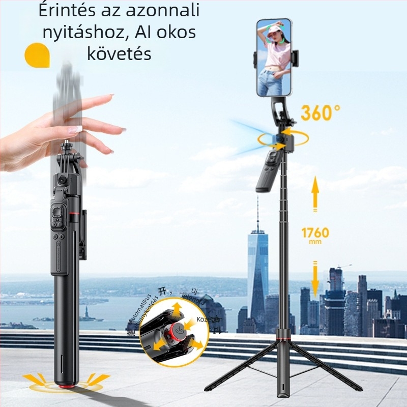 Cyke szelfi pálca arcfelismeréssel és automata követéssel, tripod élő közvetítéshez, telefon-tartó, test alumínium ötvözetből, Bluetooth távirányító, modell TT07