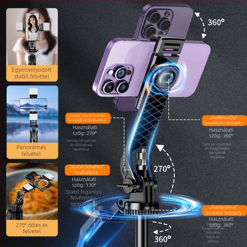 Fém Selfie Bot háromlábas állvánnyal, távirányítóval, stabilizálás, Bluetooth-támogatás (Kitöltő fény nélkül)