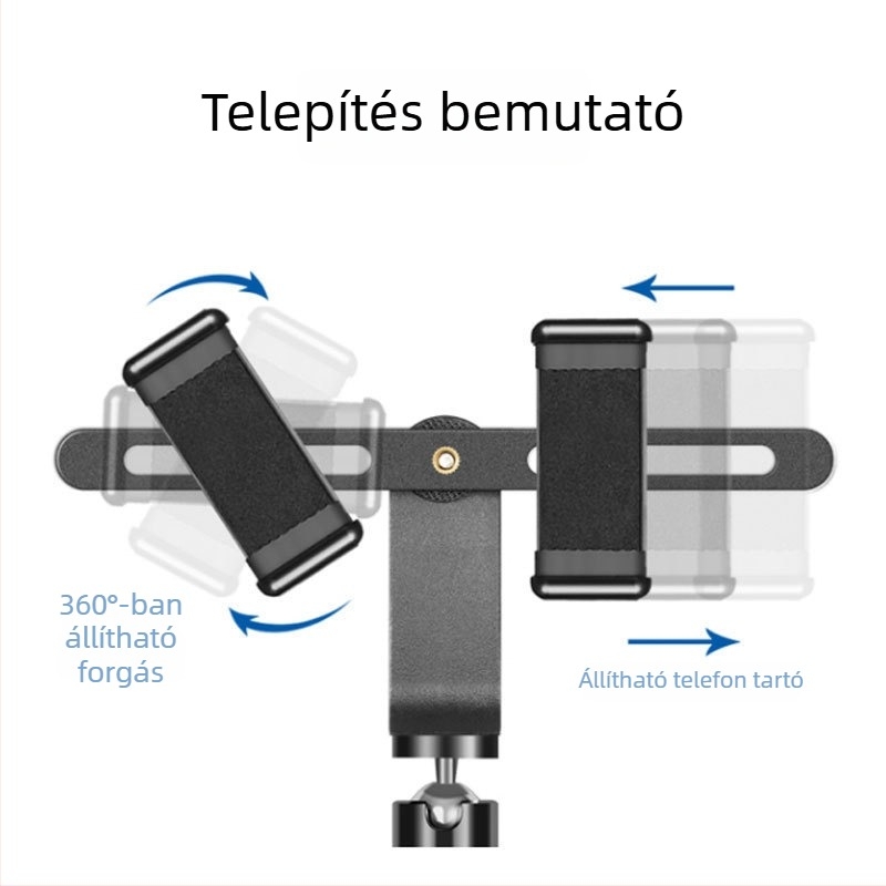 Élő közvetítésre tervezett állvány gömbfejjel, forgatható telefon-tartóval és műanyag háromlábú