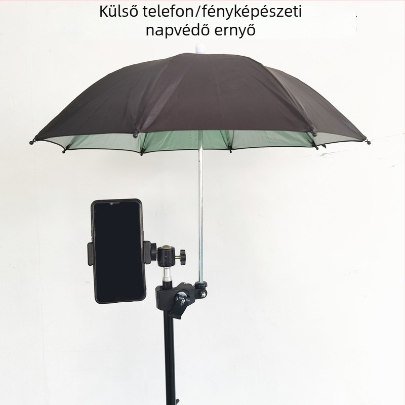 Szelfiállvány napernyővel kültéri élő közvetítéshez – 8 bordás vas keret, poliészter 210T anyag, UPF > 50