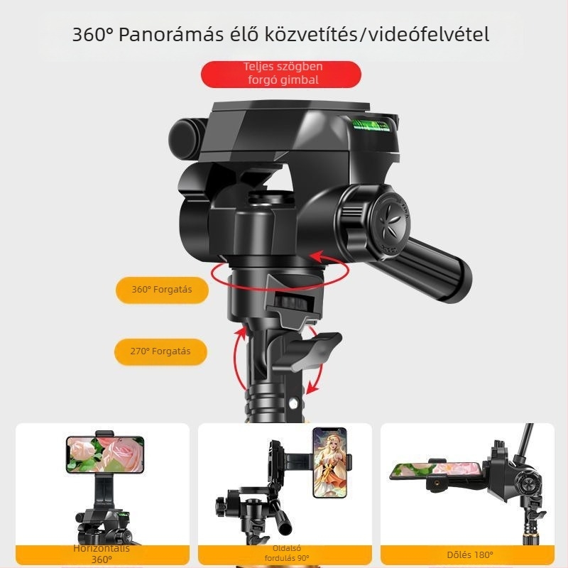 Összecsukható állvány mobiltelefonhoz és tabletához, 3D gimbal, 5 részes, alumínium ötvözet, gyorskioldó tálca, teherbírás max. 2 kg
