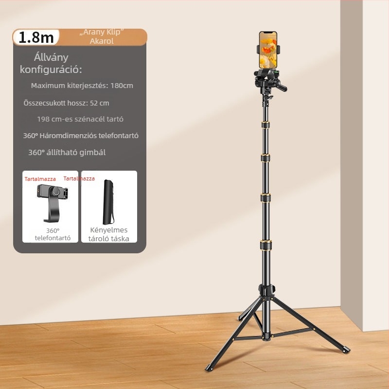 Összecsukható állvány mobiltelefonhoz és tabletához, 3D gimbal, 5 részes, alumínium ötvözet, gyorskioldó tálca, teherbírás max. 2 kg