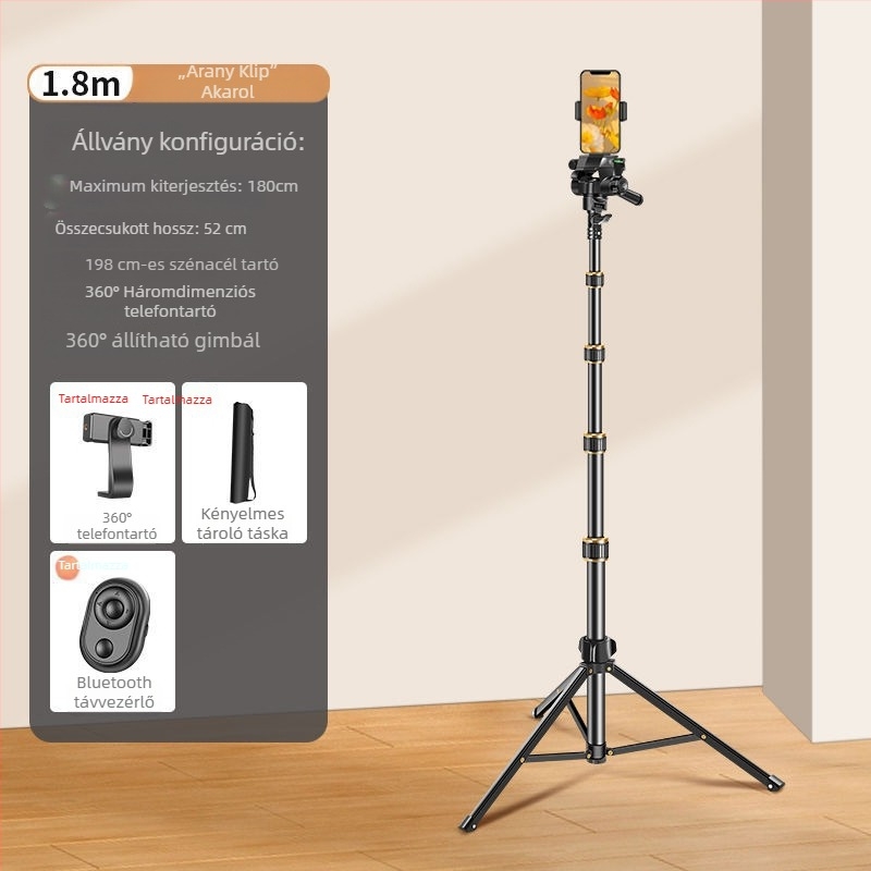 Összecsukható állvány mobiltelefonhoz és tabletához, 3D gimbal, 5 részes, alumínium ötvözet, gyorskioldó tálca, teherbírás max. 2 kg