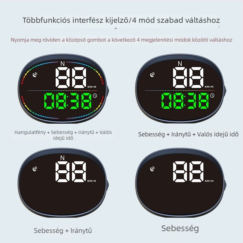 Autó HUD-kijelző GPS-szel, többfunkciós, nagy pontosságú sebességmérő; univerzális használat autókhoz, elektromos járművekhez és kerékpárokhoz.