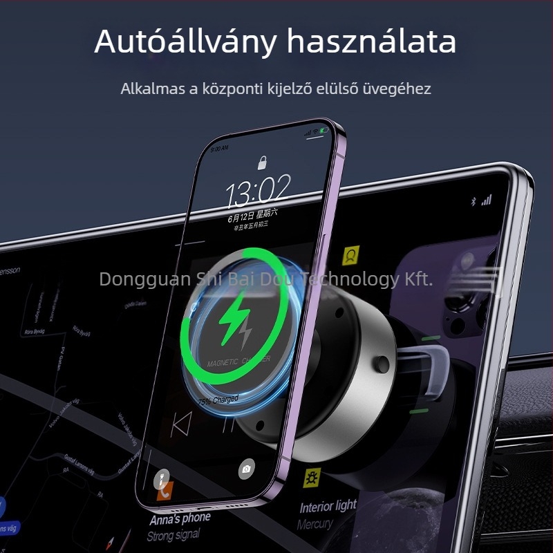 Autós telefon-tartó 360°-os forgatással, mágneses vezeték nélküli töltéssel és vákuumos rögzítéssel