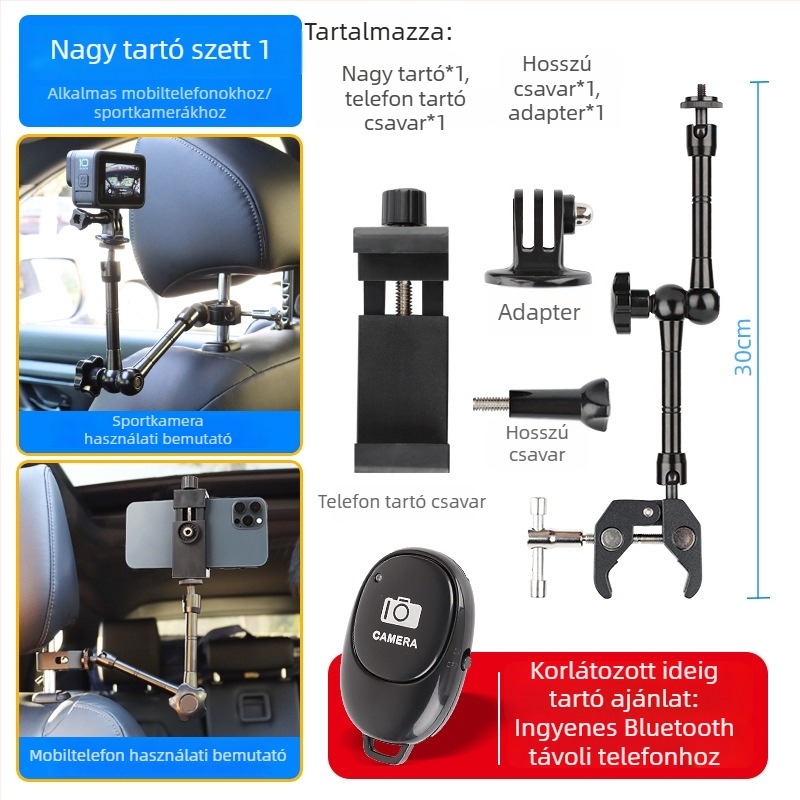 Univerzális többfunkciós autós telefontartó és kamera tartó, fejrészt rögzíthető