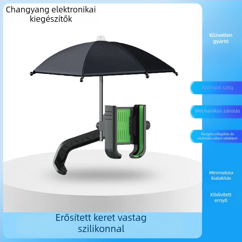 Autó- és motorkerékpár telefon-tartó beépített mini esernyővel, napfény árnyékolással, clipes rögzítés, műanyag kivitel, vízálló, többfunkciós