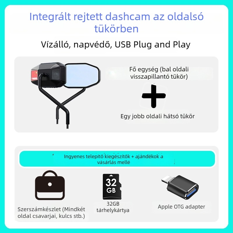 JC-H001 Visszapillantó tükör dash kamera, 140° látószög, 2MP, támogatja TF kártyát 128GB-ig