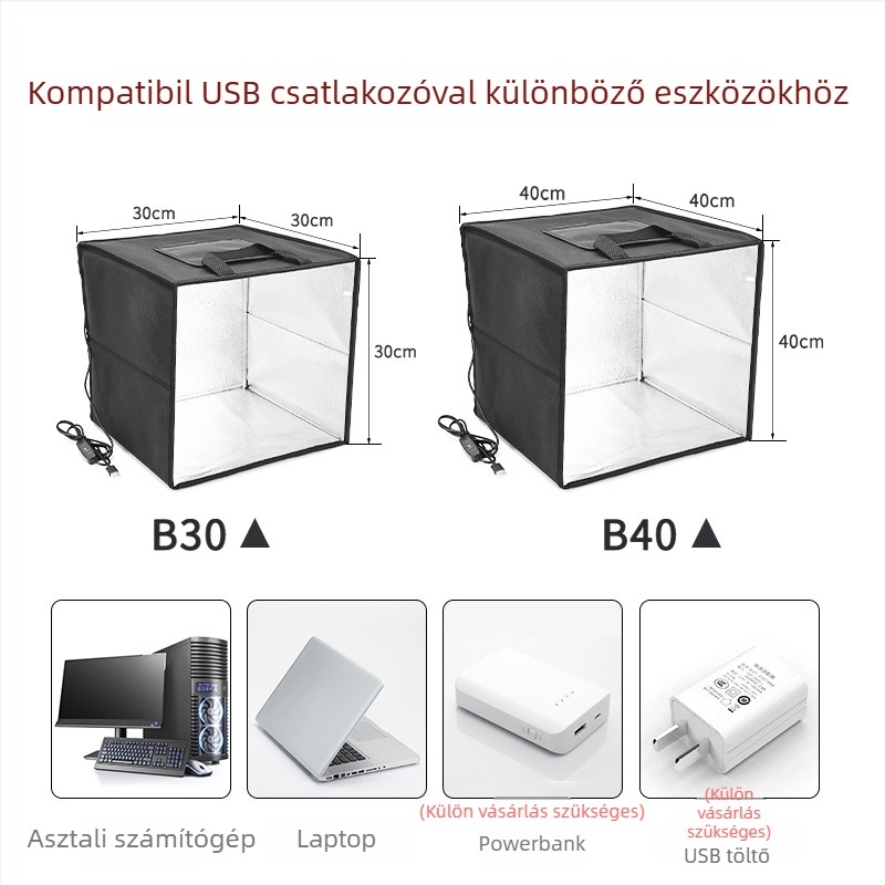 Kompakt stúdió fotoboks LED-es világítással, modell B40, háttérpapír mellékelve, súly 2 kg