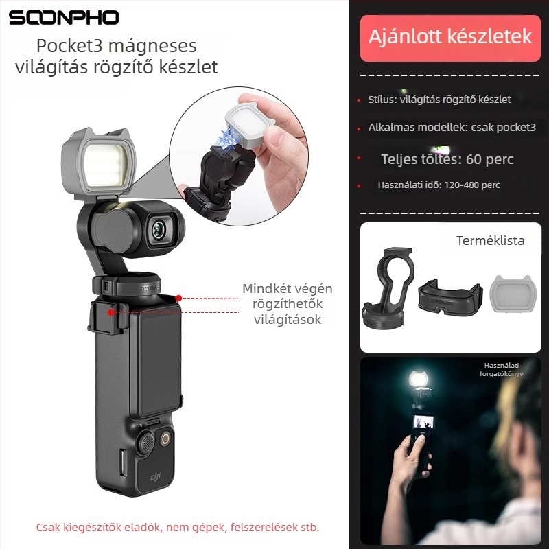 Mágneses LED töltőfény DJI Pocket3 és OSMO Pocket2-höz — mágneses rögzítés, kompakt vlog világítás