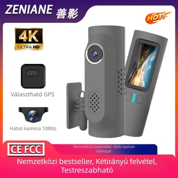 4K első- és hátsó kettős dash cam, 170° látószög, 2160p felbontás, körkörös felvétel, Wi‑Fi
