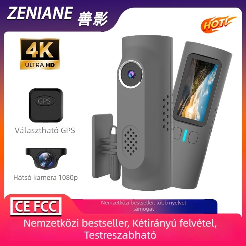 4K első- és hátsó kettős dash cam, 170° látószög, 2160p felbontás, körkörös felvétel, Wi‑Fi