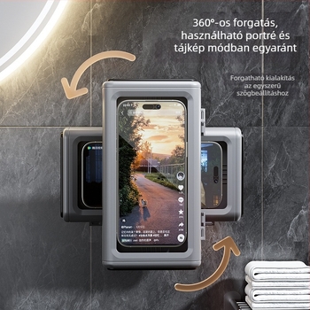 Fali telefon-tartó – forgatható, vízálló és anti-fog, fürdőszobába és konyhába