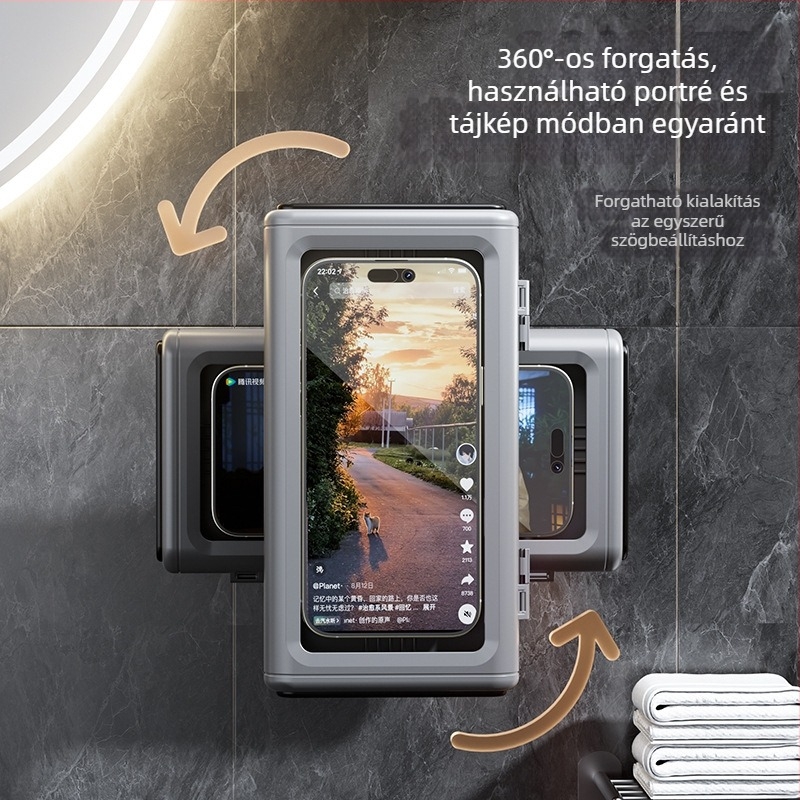 Fali telefon-tartó – forgatható, vízálló és anti-fog, fürdőszobába és konyhába