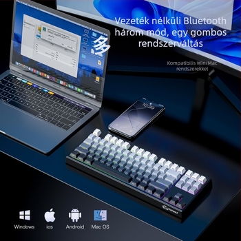 Membrán billentyűzet, RGB háttérvilágítás, 87 gombos, PBT oldalsó gravírozott billentyűk, vízálló, 3-módú vezeték nélküli kapcsolat (USB/Bluetooth/2.4G)