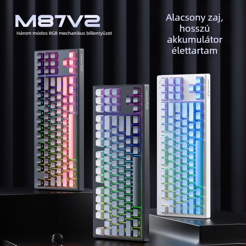 Membrán billentyűzet, RGB háttérvilágítás, 87 gombos, PBT oldalsó gravírozott billentyűk, vízálló, 3-módú vezeték nélküli kapcsolat (USB/Bluetooth/2.4G)