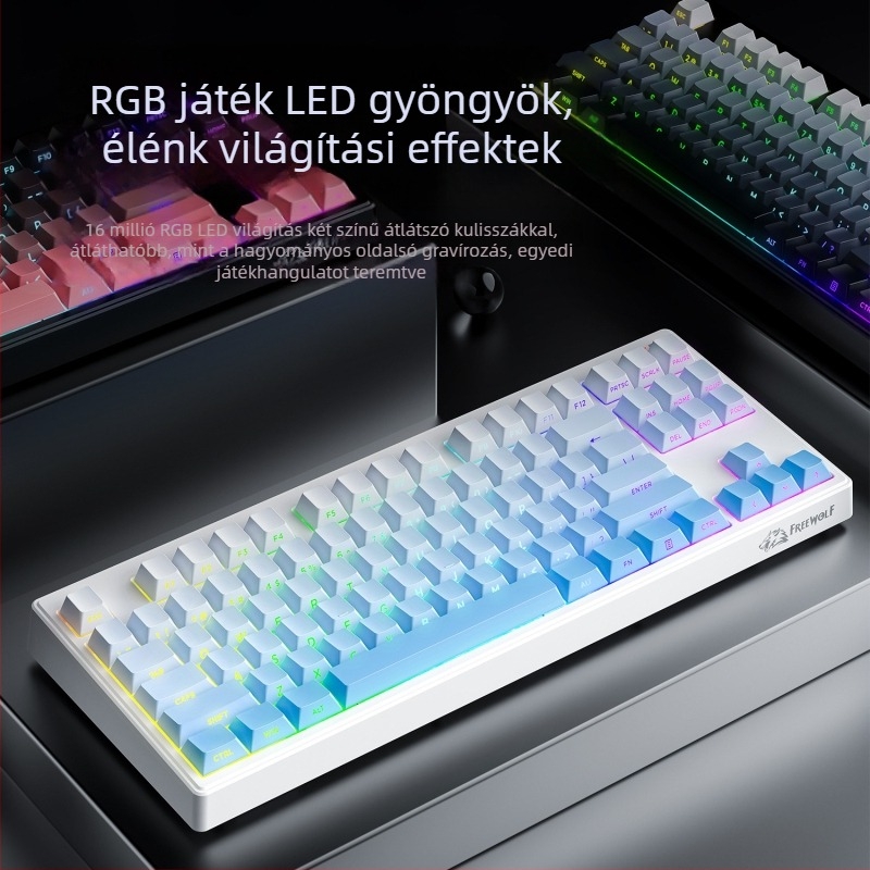 Membrán billentyűzet, RGB háttérvilágítás, 87 gombos, PBT oldalsó gravírozott billentyűk, vízálló, 3-módú vezeték nélküli kapcsolat (USB/Bluetooth/2.4G)