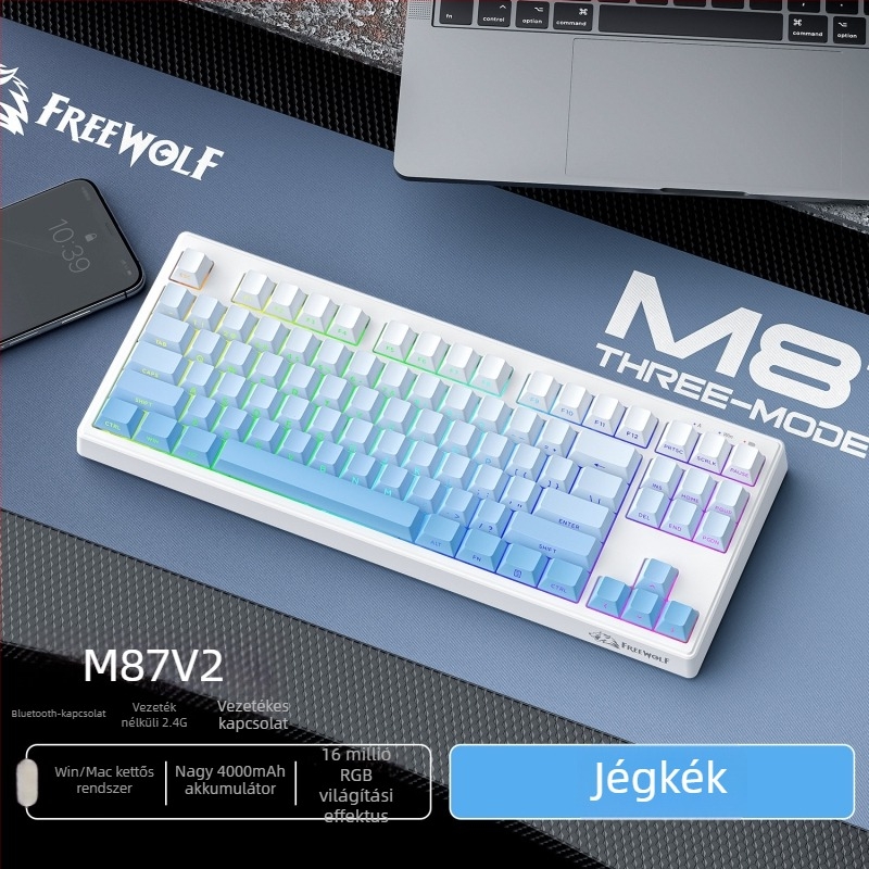 Membrán billentyűzet, RGB háttérvilágítás, 87 gombos, PBT oldalsó gravírozott billentyűk, vízálló, 3-módú vezeték nélküli kapcsolat (USB/Bluetooth/2.4G)