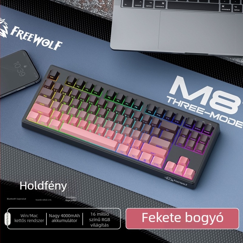 Membrán billentyűzet, RGB háttérvilágítás, 87 gombos, PBT oldalsó gravírozott billentyűk, vízálló, 3-módú vezeték nélküli kapcsolat (USB/Bluetooth/2.4G)