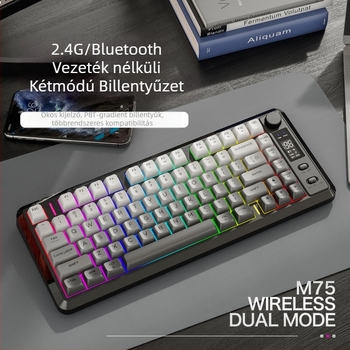 Dual-módú vezeték nélküli Bluetooth billentyűzet, 87 gomb, PBT gradient billentyűsapkák, beépített kijelző, egyszerre két eszközzel párosítható