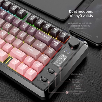 Dual-módú vezeték nélküli Bluetooth billentyűzet, 87 gomb, PBT gradient billentyűsapkák, beépített kijelző, egyszerre két eszközzel párosítható