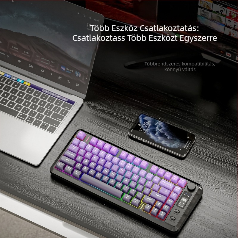 Dual-módú vezeték nélküli Bluetooth billentyűzet, 87 gomb, PBT gradient billentyűsapkák, beépített kijelző, egyszerre két eszközzel párosítható
