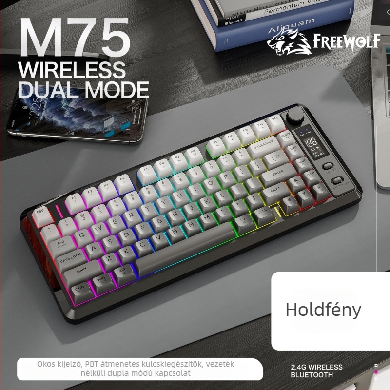 Dual-módú vezeték nélküli Bluetooth billentyűzet, 87 gomb, PBT gradient billentyűsapkák, beépített kijelző, egyszerre két eszközzel párosítható