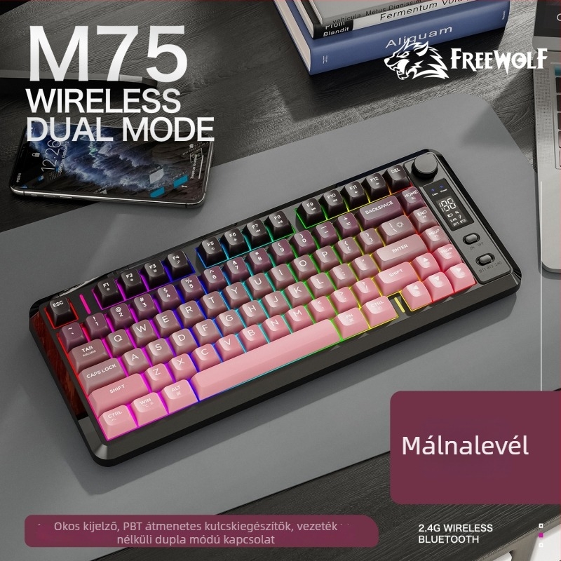 Dual-módú vezeték nélküli Bluetooth billentyűzet, 87 gomb, PBT gradient billentyűsapkák, beépített kijelző, egyszerre két eszközzel párosítható