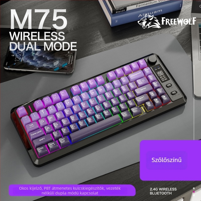 Dual-módú vezeték nélküli Bluetooth billentyűzet, 87 gomb, PBT gradient billentyűsapkák, beépített kijelző, egyszerre két eszközzel párosítható