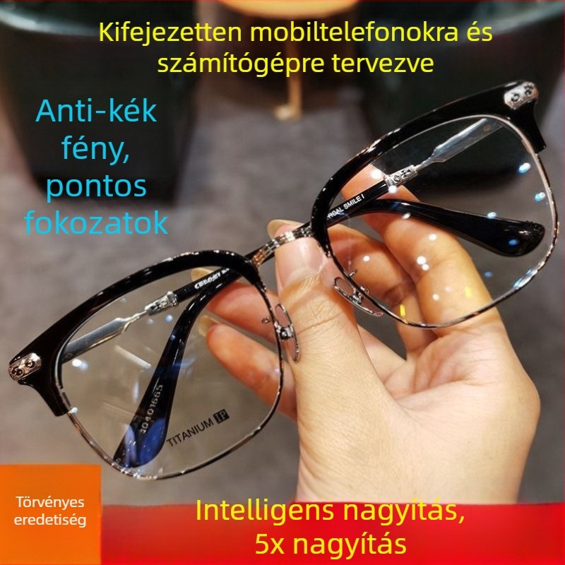 Kettős funkciójú olvasó szemüveg magas felbontású ultra tükrös lencsékkel, kékfény elleni védelem, 16x nagyítás középkorúak és idősek számára